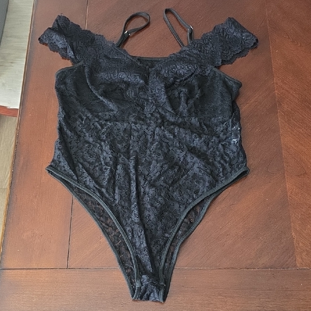 (J31) SHEIN Black Lace Off-Shoulder Bodysuit Sz XL